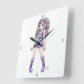 壁掛け時計は女の子を紫色のドレスでブーツ付き スクエア壁時計 (傾斜)