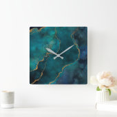 壁掛け時計 – 青とティール(緑がかった色)大理石と金ゴールド静脈 スクエア壁時計 (ホーム)
