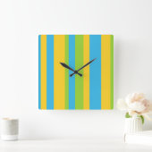 壁時計:ターコイズ、黄、緑ストライプ色 スクエア壁時計 (ホーム)