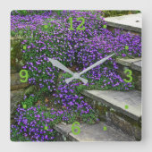壁時計/紫色の花がステップ/緑にしがみつく スクエア壁時計 (正面)