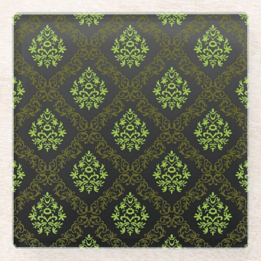 壁紙の花柄の緑 ガラスコースター (正面)