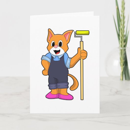 壁紙を貼る猫 圧力ローラー付き カード (正面)