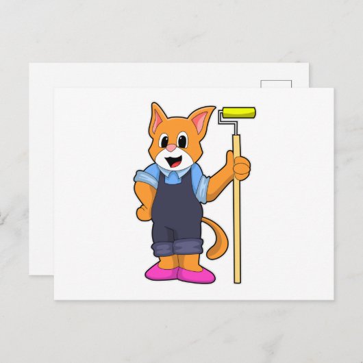 壁紙を貼る猫 圧力ローラー付き ポストカード (正面/裏面)