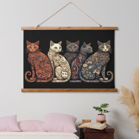 壁紙スタイルに猫のビクトリアングループ 吊り下げ型タペストリー (寝室)