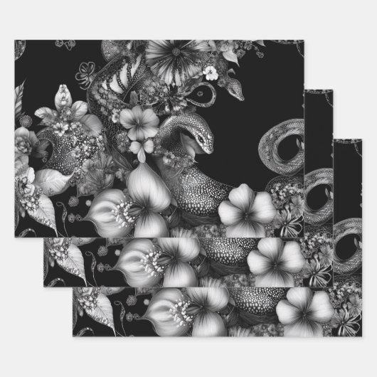 壁紙装飾白黒入りヘビ ラッピングペーパーシート (セット)