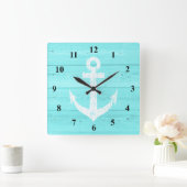 壁航海の時計 |船舶のいかりと木材パネル スクエア壁時計 (ホーム)