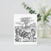 壊れたフェンスに座る6匹の小さなフクロウ ポストカード (スタンド正面)