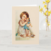 壊れた人形のメッセージカードを持つヴィンテージの小さな女の子 カード (黄色い花)