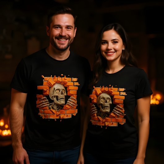 壊れた壁を突き抜ける3Dスケルトンデザイン Tシャツ