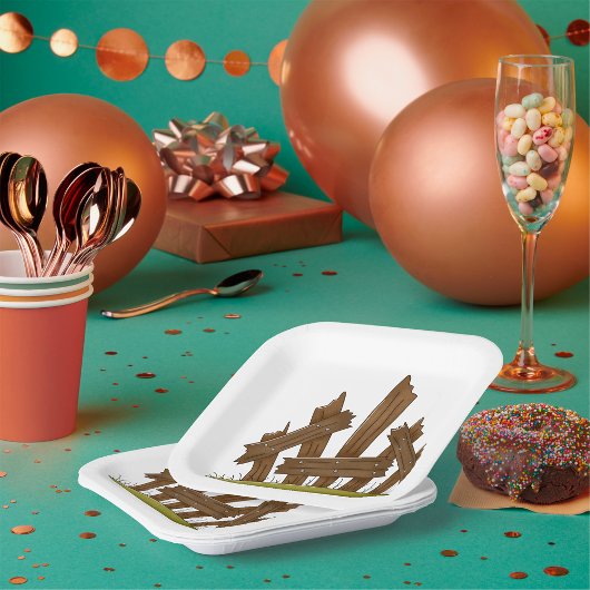 壊れた木製のフェンス素朴ファーミヤード ペーパープレート