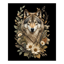 壮大なオオカミの花柄の自然Tシャツ