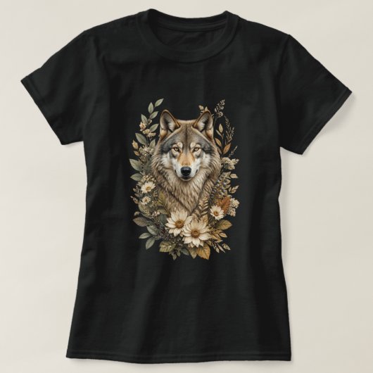 壮大なオオカミの花柄の自然Tシャツ Tシャツ (デザイン正面)