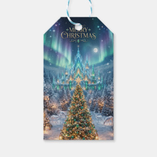 壮大なクリスマスツリーとアイスキャッスルのデザイン ギフトタグ