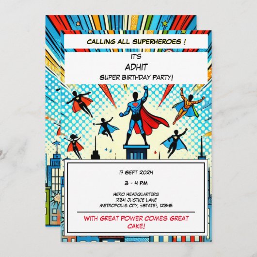 壮大なスーパーヒーロー誕生日パーティーの招待 招待状 (正面/裏面)