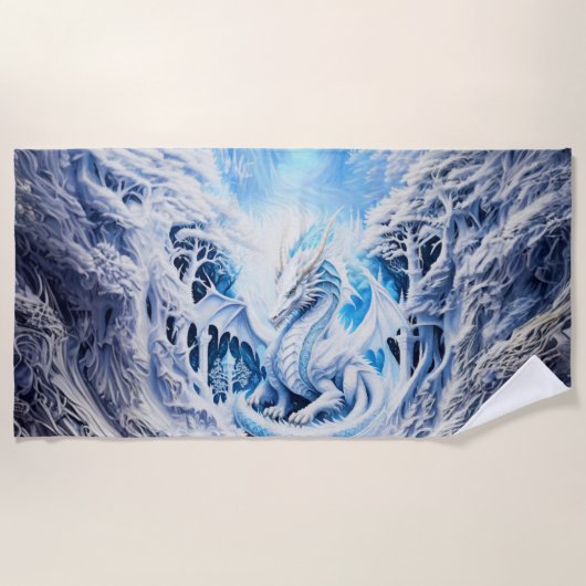 壮大なホワイトドラゴンファンタジー ビーチタオル (正面)