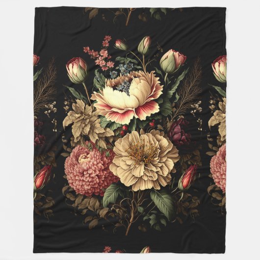壮大なヴィンテージフローラ配置 フリースブランケット (正面)