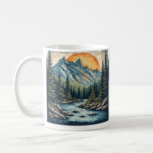 壮大な山の森の湖の自然写真 コーヒーマグカップ (左)