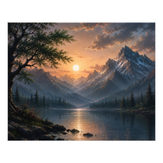 壮大な山の湖の夕焼けキャンバスウォールアート フォトプリント