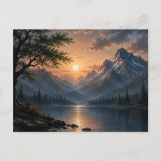 壮大な山の湖の夕焼けキャンバスウォールアート ポストカード