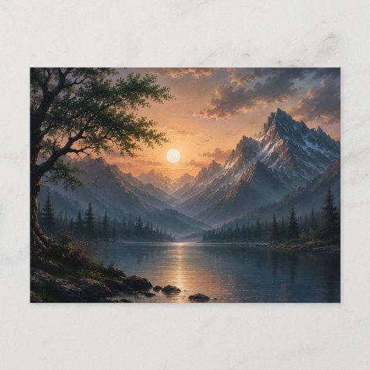 壮大な山の湖の夕焼けキャンバスウォールアート ポストカード (正面)