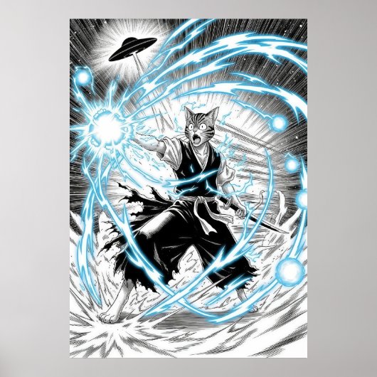 壮大な漫画スタイルの猫戦士エネルギー・ブラストUFO ポスター (正面)