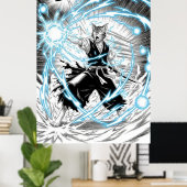 壮大な漫画スタイルの猫戦士エネルギー・ブラストUFO ポスター (ホームオフィス)