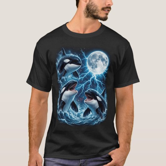壮大な3頭のシャチ 月の光 海の生命 月 Tシャツ (正面)