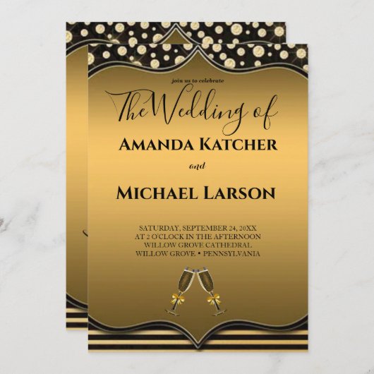 壮大素晴らしなゴージャスな金ゴールドと黒い招待客 招待状 (正面/裏面)