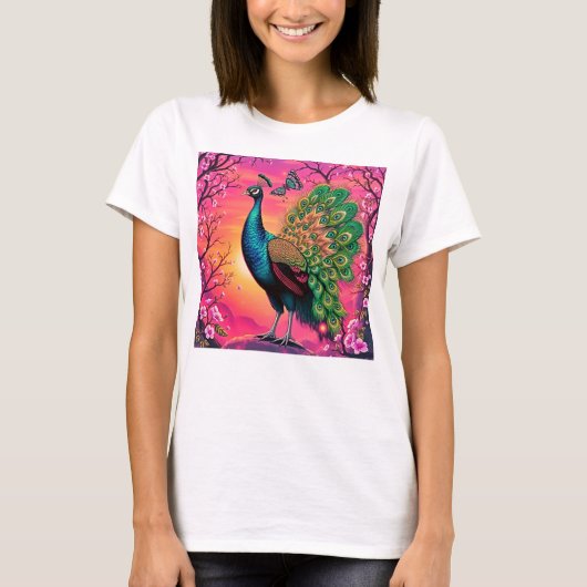壮麗なクジャクのデザイン Tシャツ (正面)