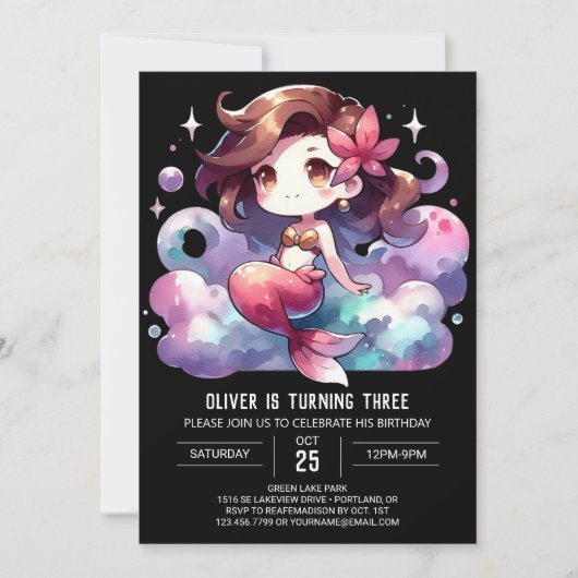 壮麗な水彩人魚の誕生日 招待状 (正面)