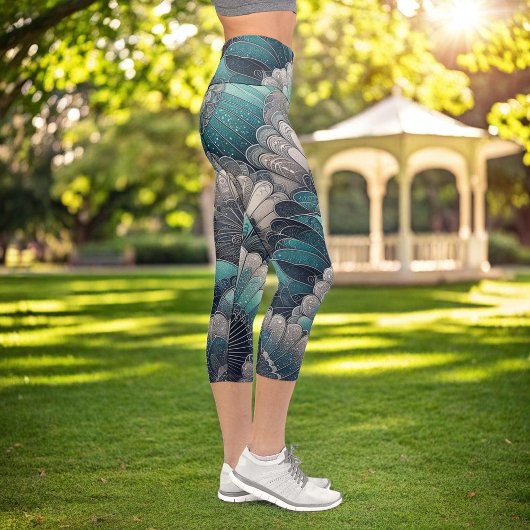 声明アールヌーボーブルーシルバーファン カプリレギンス