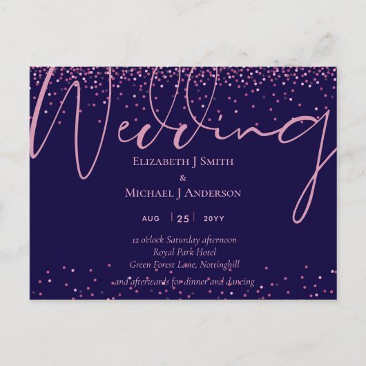 売り上げ!ネイビーブルーバラ金ゴールド結婚式招待状 ポストカード (正面)