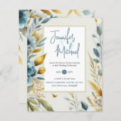 売れ！ティール（緑がかった色）黄フローラ結婚式招待状 (正面/裏面)