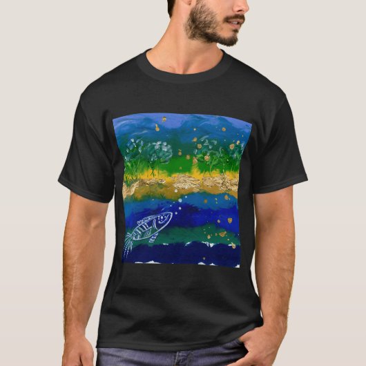 変わった魚の抽象的な川の風景 オリジナル絵画 Tシャツ (正面)