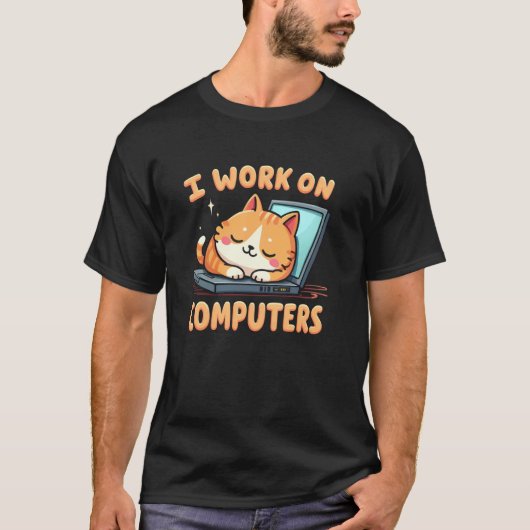 変わり種のコンピューター仕事猫Tシャツ Tシャツ (正面)