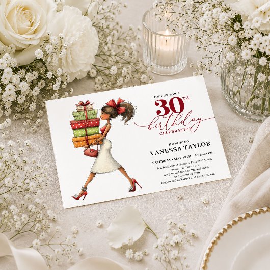変わり者の女性の30歳の誕生日 深紅のモダンスクリプト 招待状