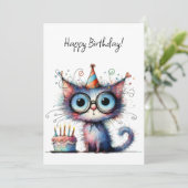変わり者の気まぐれな猫のパーティーハットケーキの誕生日 カード (スタンド正面)