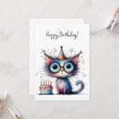 変わり者の気まぐれな猫のパーティーハットケーキの誕生日 カード (正面/裏面インサイチュ)
