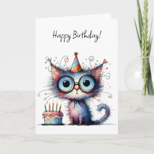 変わり者の猫のパーティーハットのケーキの誕生日 カード (正面)