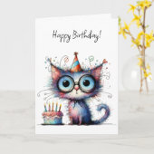 変わり者の猫のパーティーハットのケーキの誕生日 カード (黄色い花)