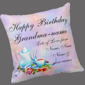 変更おばあちゃん名文字ティーポットフローラ誕生日 クッション