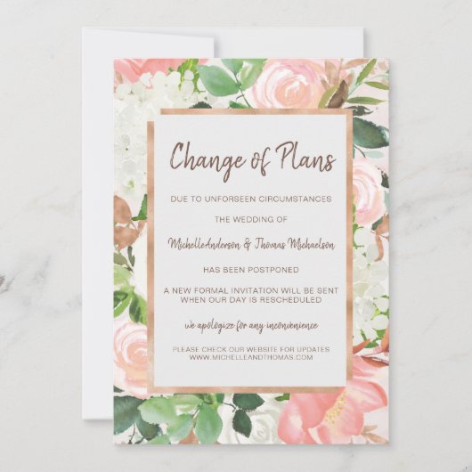 変更のお知らせ ウェディング 水彩 ゴールド フローラル ピンク セーブザデート (正面)