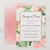変更のお知らせ ウェディング 水彩 ゴールド フローラル ピンク セーブザデート (正面/裏面)