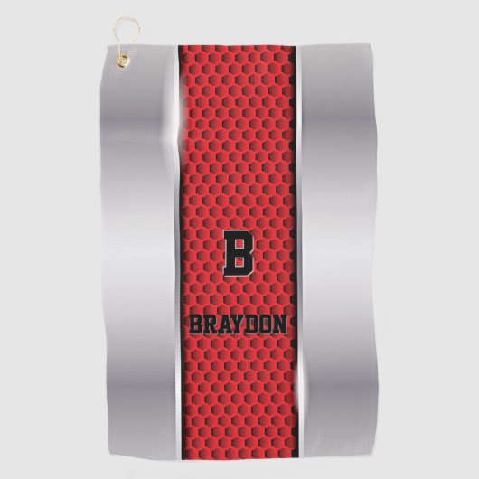 変更イニシャル名前の追加シルバーグレー赤テクスチャ ゴルフタオル (正面)