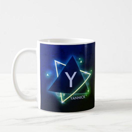変更イニシャル名前の追加ブルー宇宙角度X Y Z コーヒーマグカップ (左)