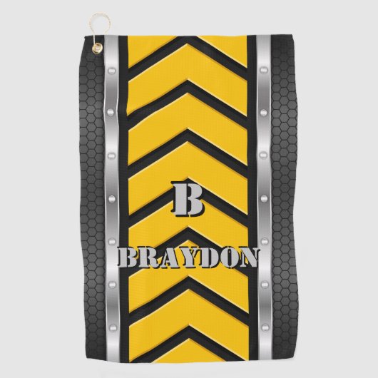 変更イニシャル名前の追加黒黄シルバー矢印 ゴルフタオル (正面)