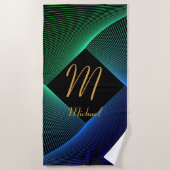 変更イニシャル名前を追加ジオメトリグリーンブルー旋回 ビーチタオル (正面)