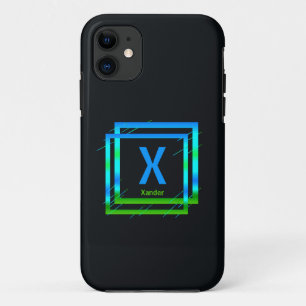 変更イニシャル名前を追加Blue Green Squares iPhone 11 ケース