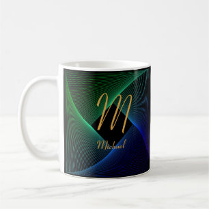 変更イニシャル名前を追加Green Blue Swirl L M N O P コーヒーマグカップ