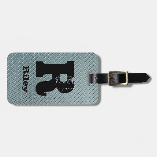 変更イニシャル名前グレー鋼市松模様にプレート ラゲッジタグ (正面横)